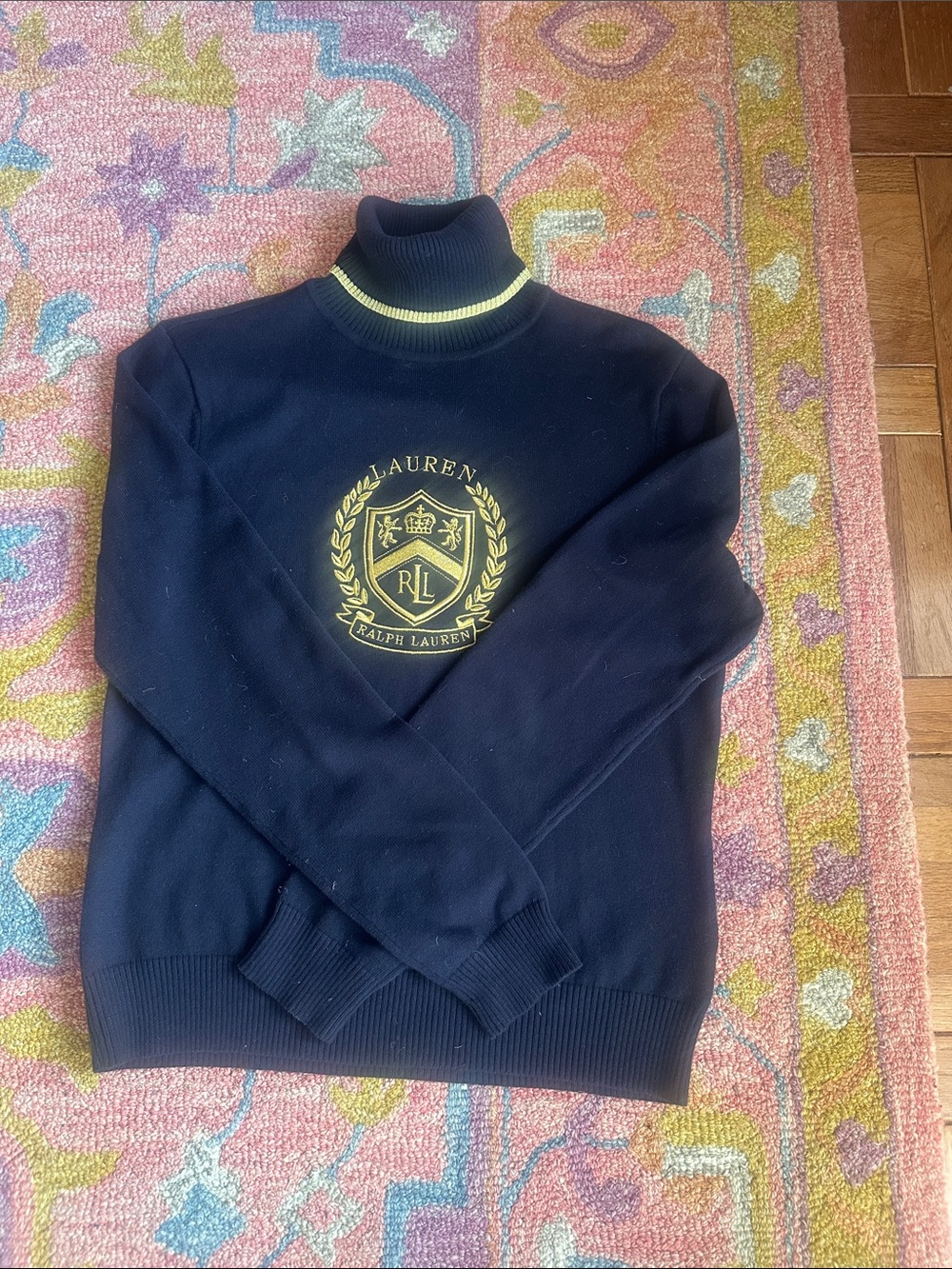 Vintage Ralph Lauren Navy Turtleneck Sweater with Yellow Crest Medium